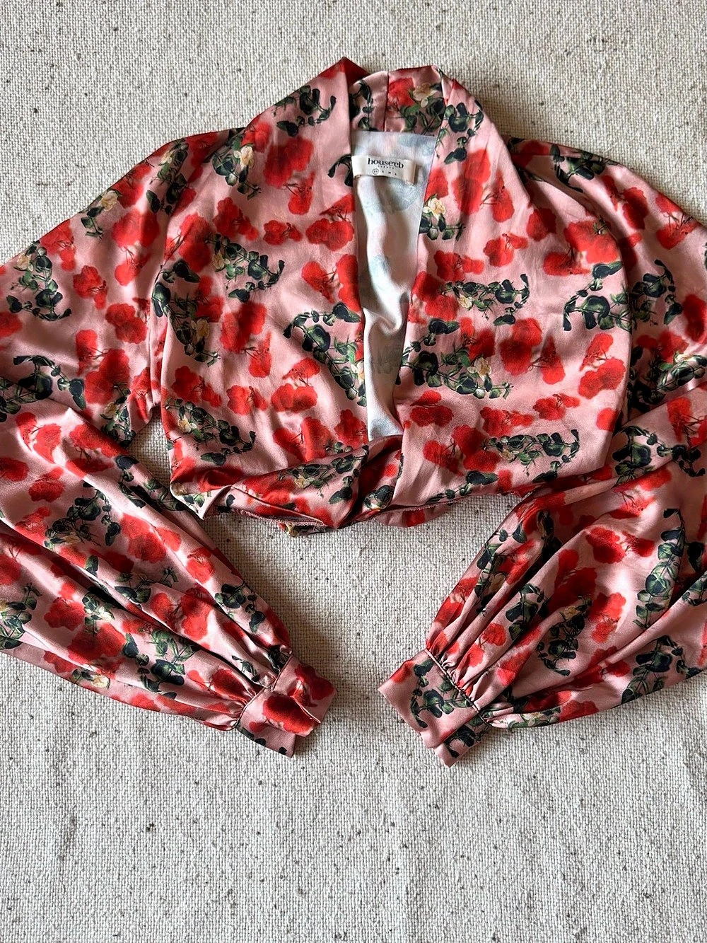 House of CB Monica Rose Print Satin Plunge Top XS Floral Balloon Sleeve